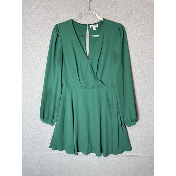 Express Dress Womens Small Green Long Sleeve V Neck Fit Flare Party Mini Elegant - Picture 1 of 11